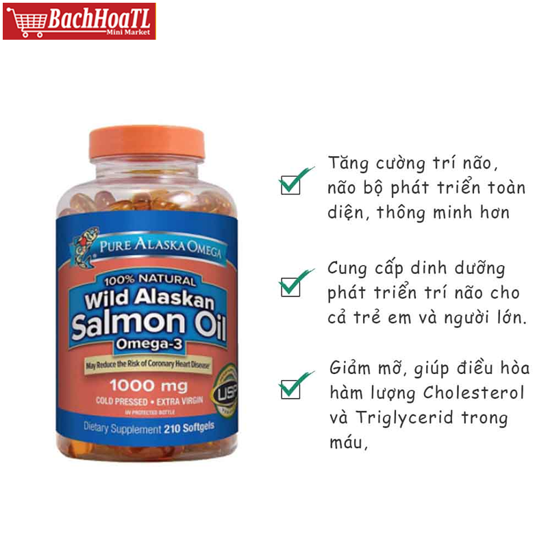 1 Viên Uống Dầu Cá Pure Wild Alaska Salmon Oil 1000mg Omega-3 (210v) 01/2026 - Mỹ (Hũ) - 550k