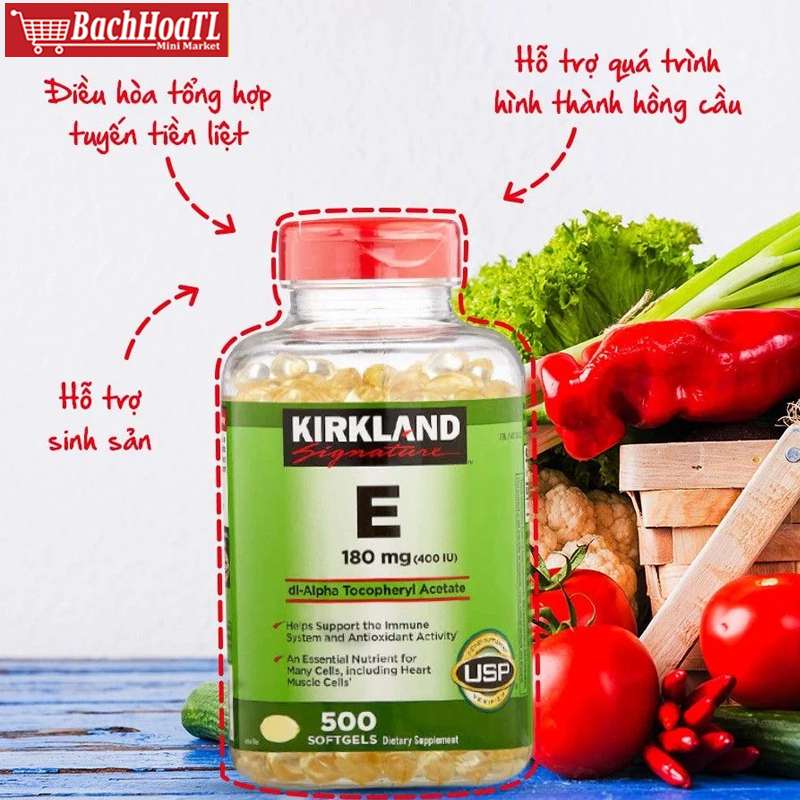 1 Viên Uống Bổ Sung Vitamin E Kirkland 180mg (500v) 06/2027 - Mỹ (Hũ) - 380k